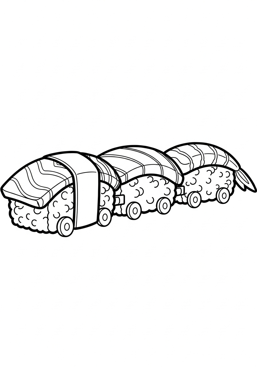 Three nigiri pieces as train coloring page