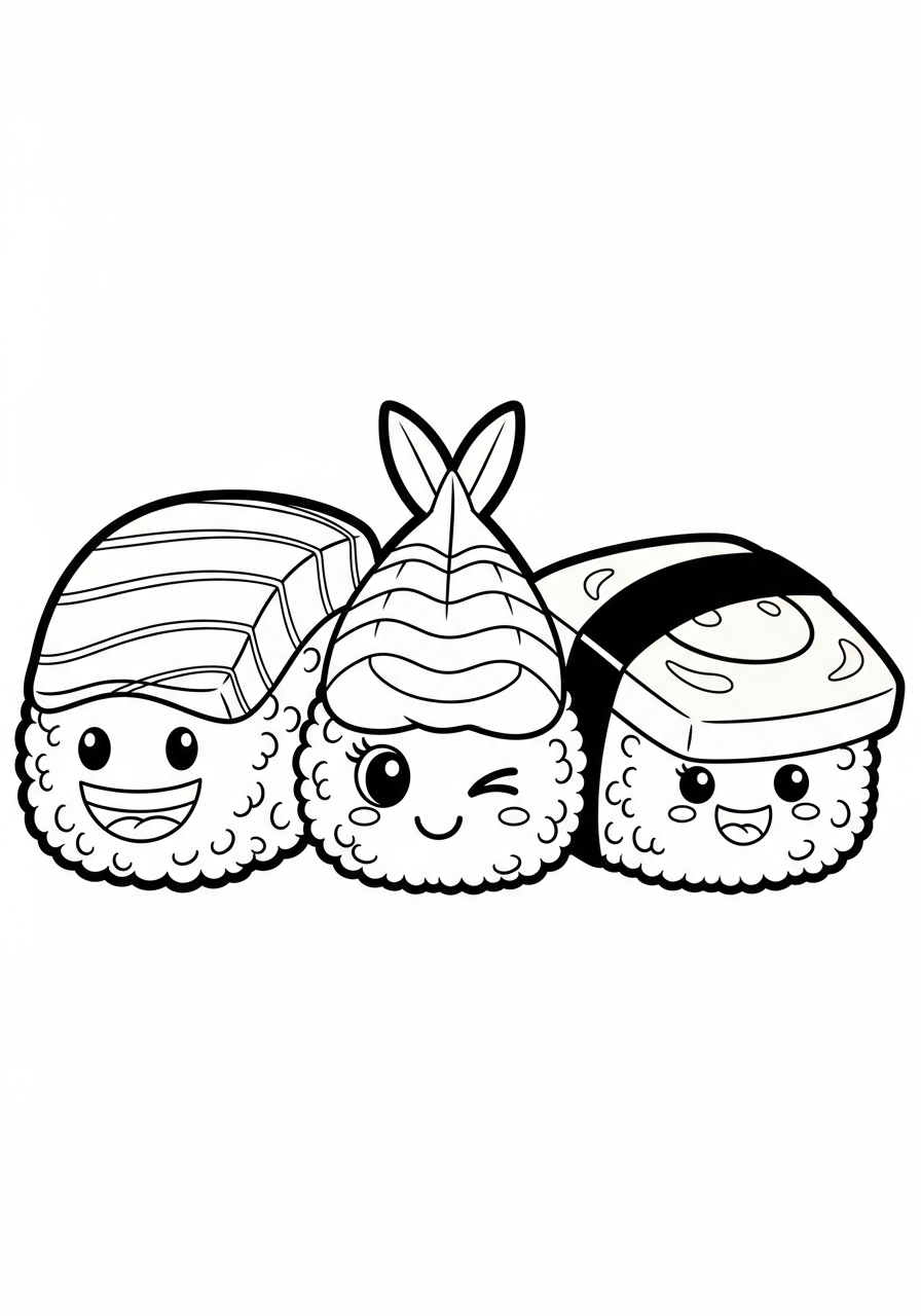 Three smiling sushi friends coloring page