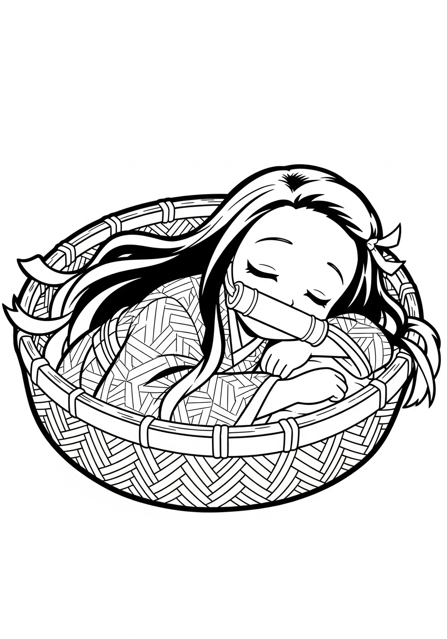 Nezuko Coloring Pages 30 Tiny Nezuko sleeping in basket coloring page