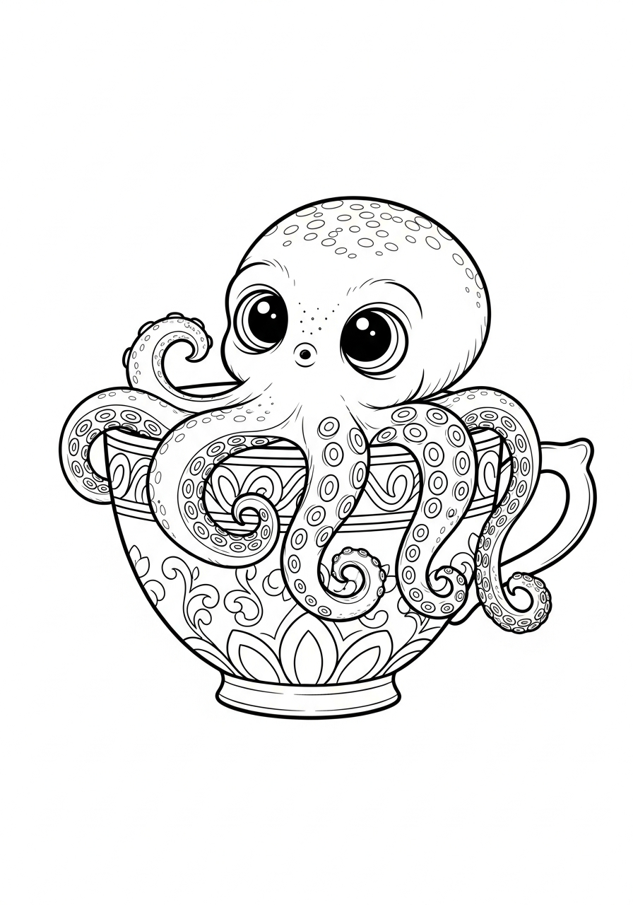 Tiny octopus sitting in teacup coloring page