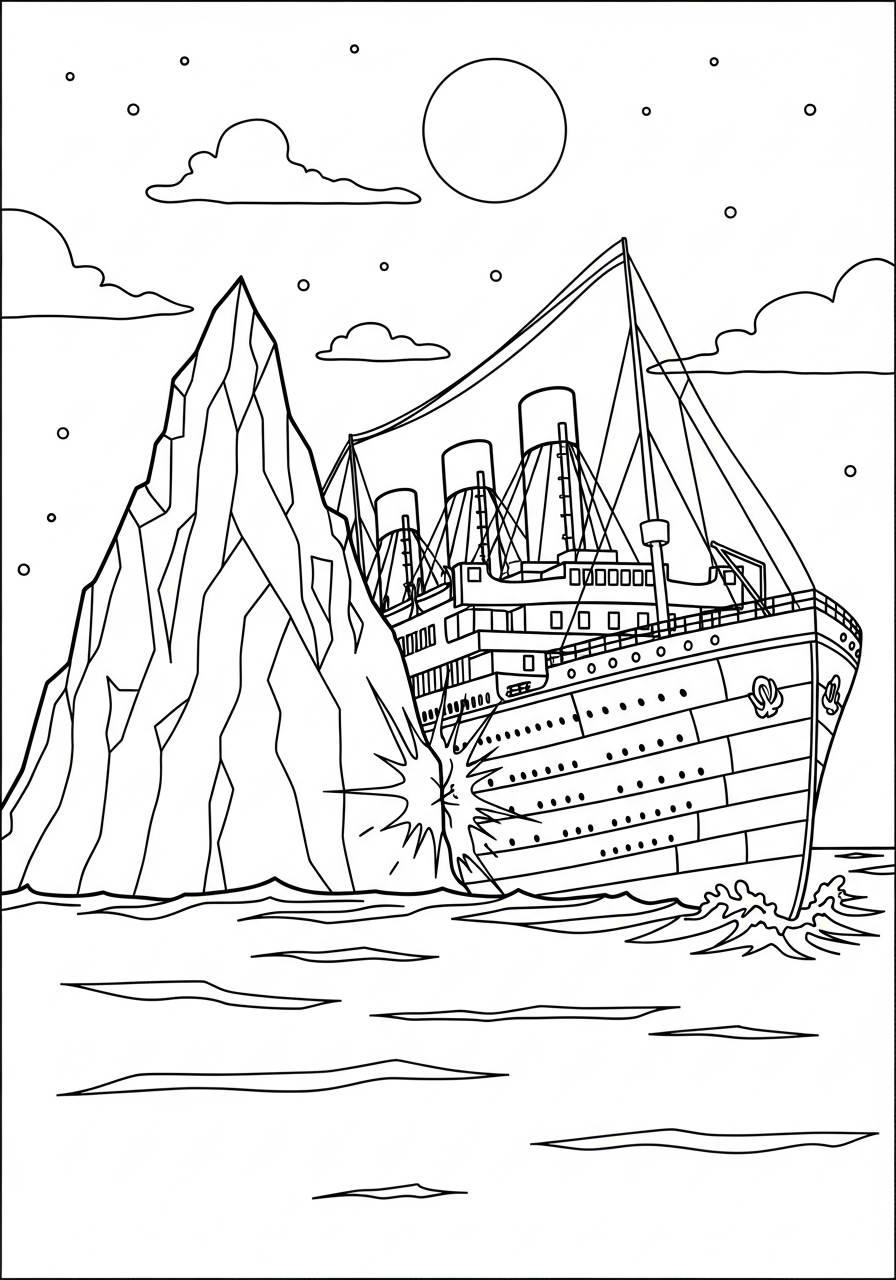 Titanic hitting the large iceberg at night coloring page