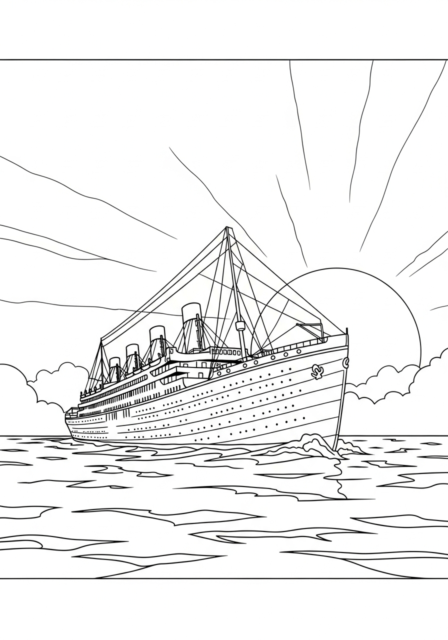 Titanic sailing into sunset horizon coloring page
