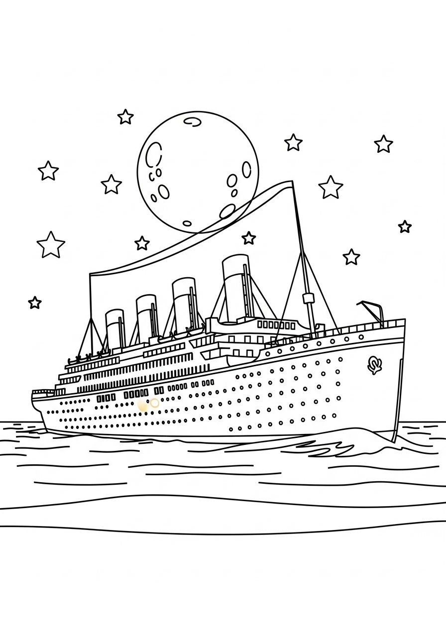 Titanic sailing under starry night coloring page