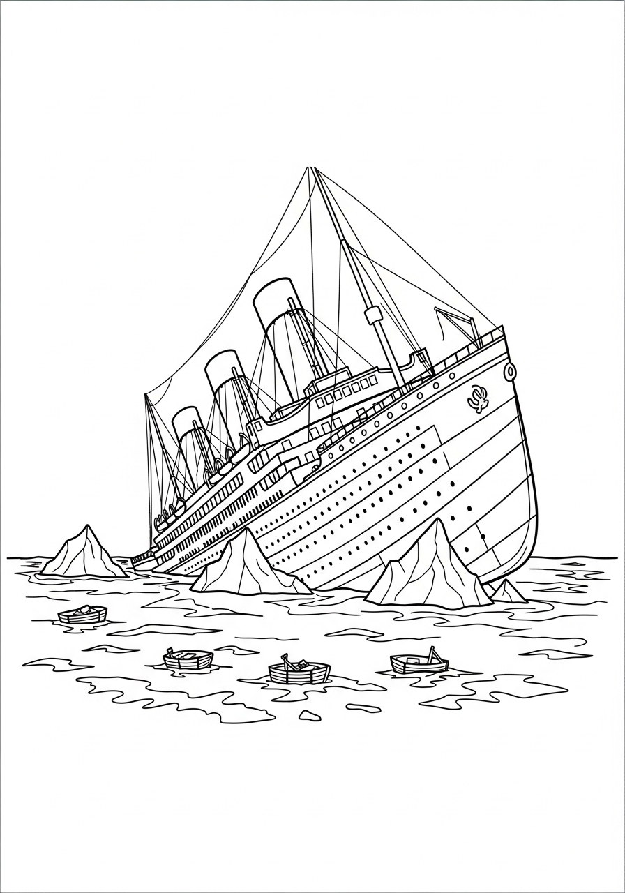 Titanic ship tilting into the ocean coloring page