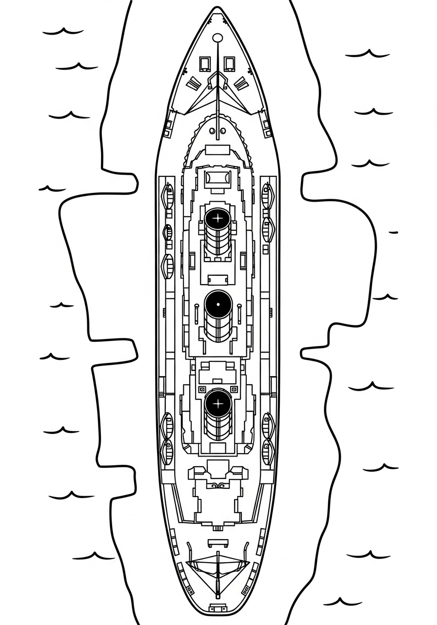 Top down view of Titanic coloring page
