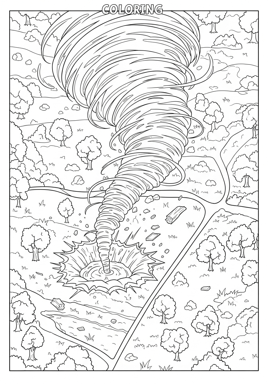 Top-down view of tornado path coloring page