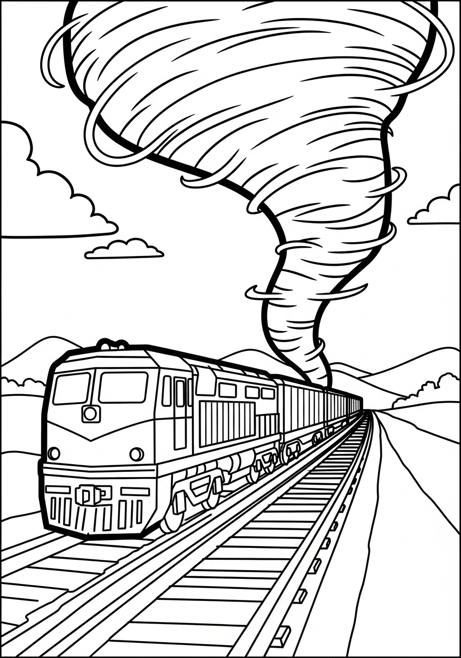 Tornado approaching cargo train coloring page