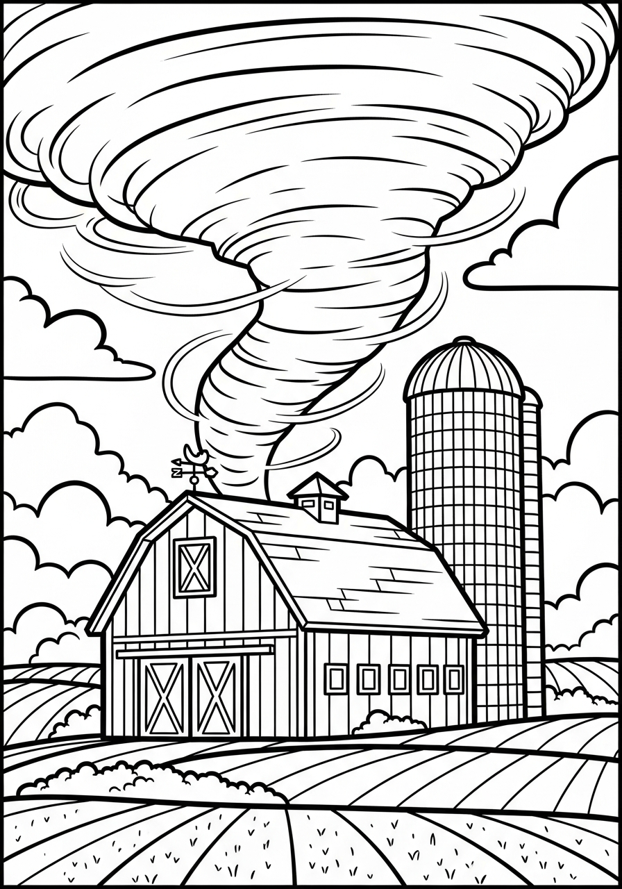 Tornado behind red farm barn coloring page