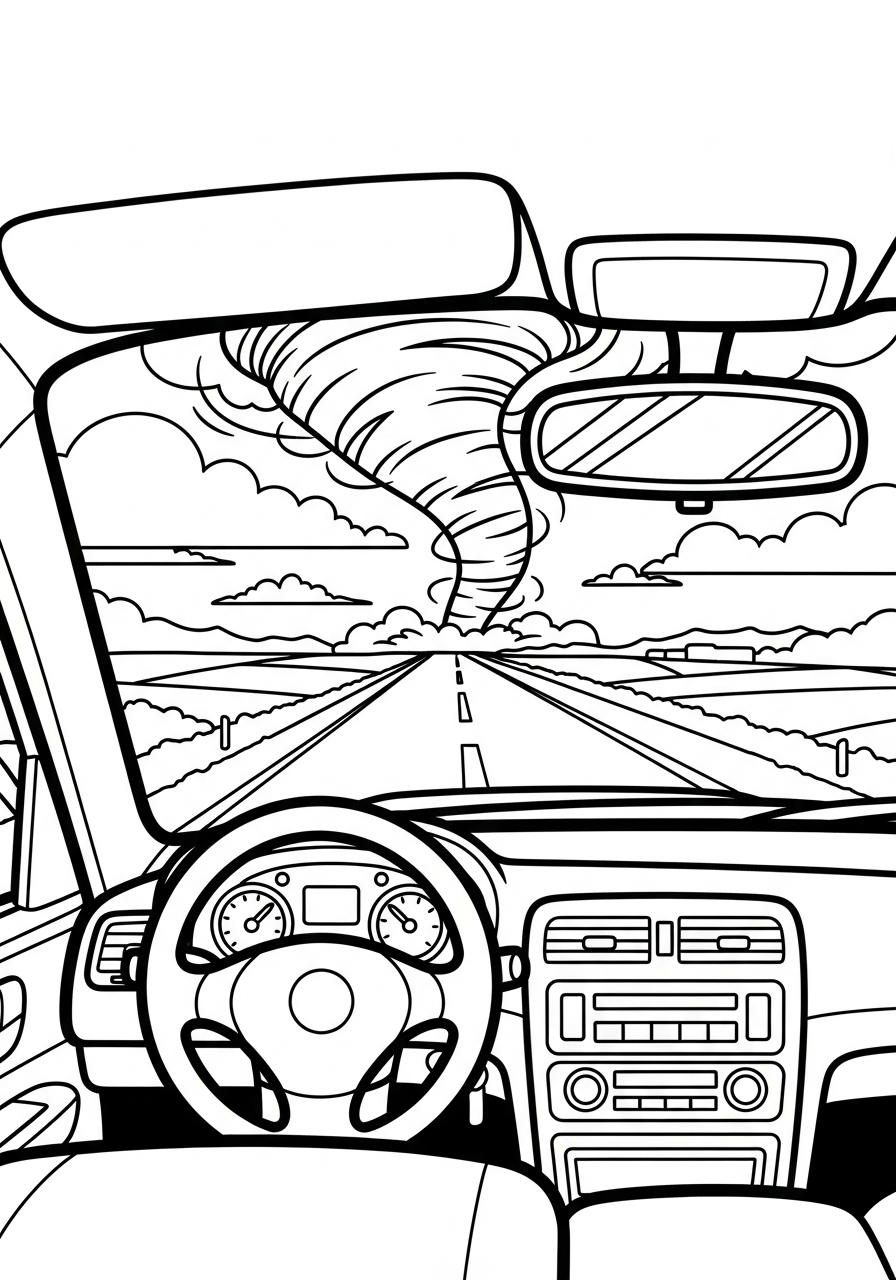 Tornado on highway from car coloring page