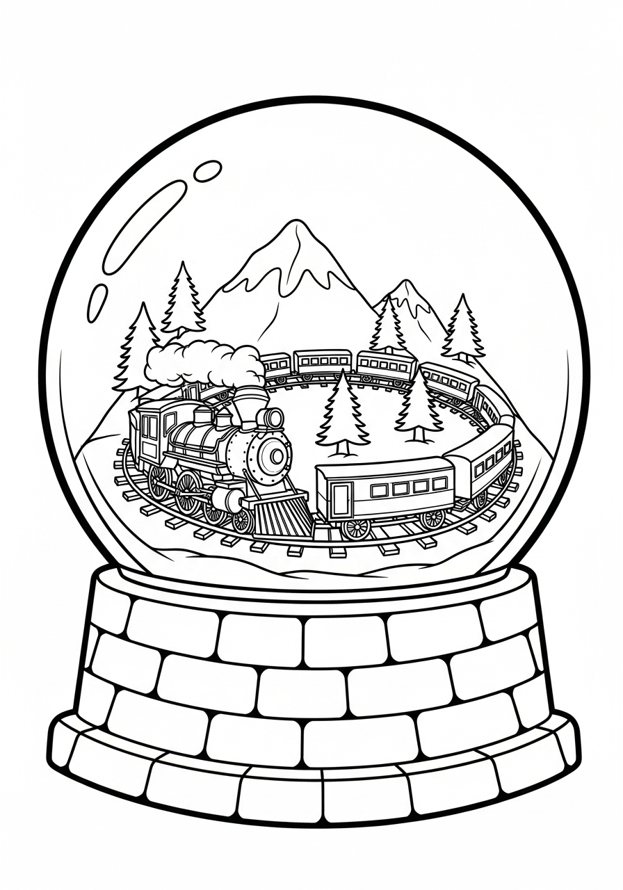 Toy train circling mountain globe coloring page