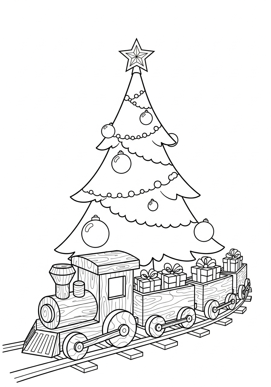 Christmas Train Coloring Pages 20 Toy train under Christmas tree coloring page