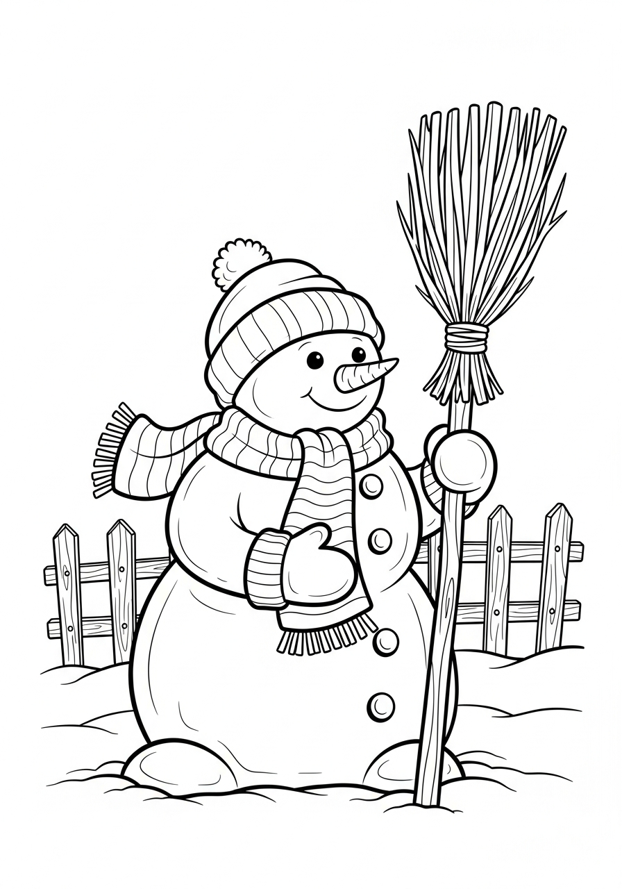 Snowman Coloring Pages 29 Traditional snowman holding a broom coloring page