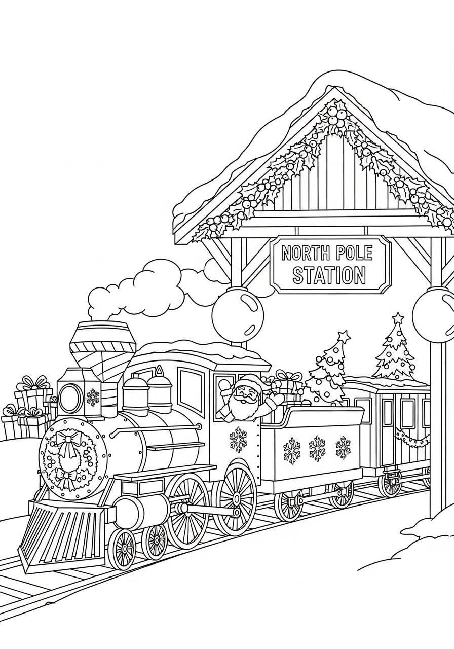 Christmas Train Coloring Pages 21 Train arriving at snowy station coloring page