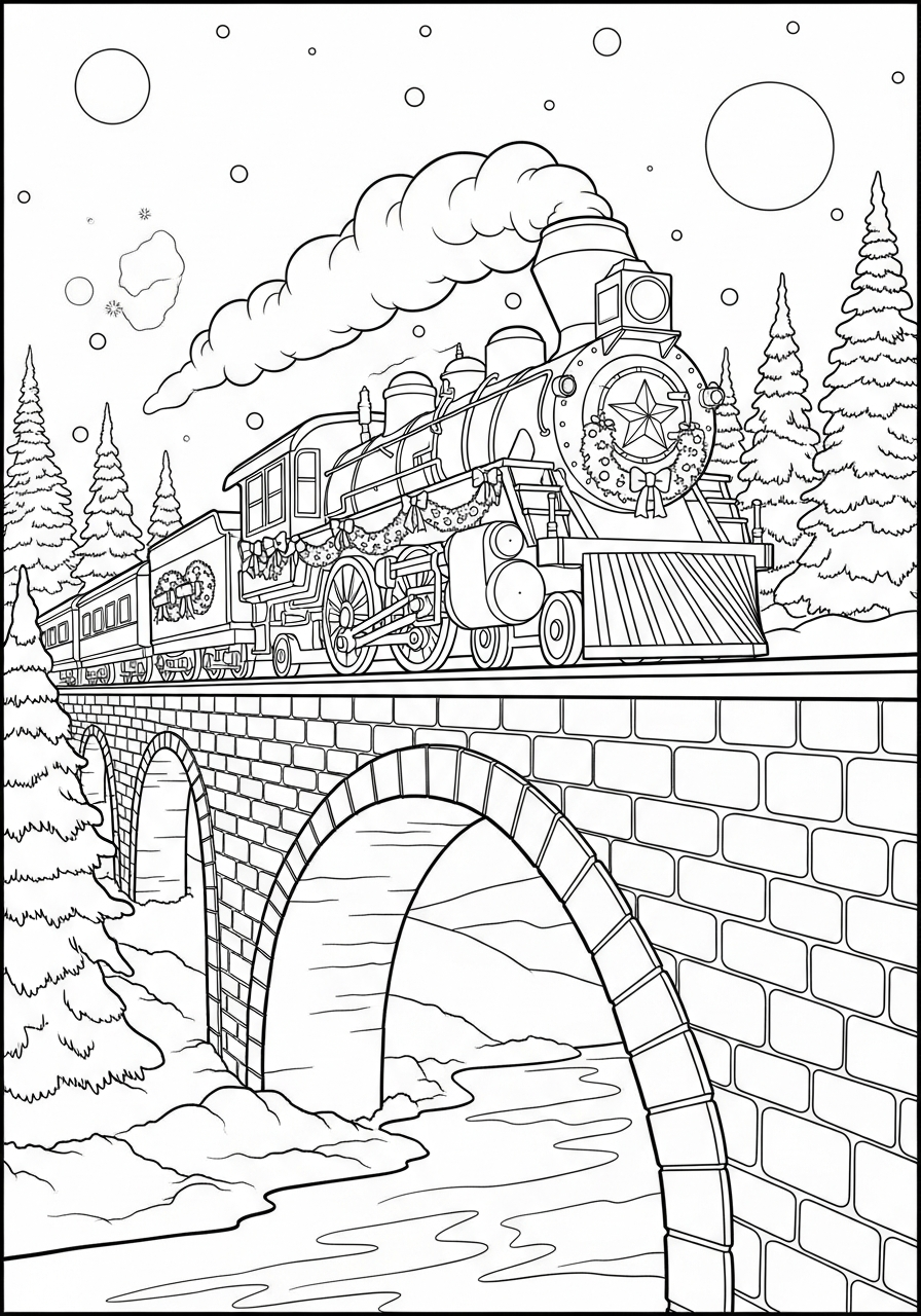 Christmas Train Coloring Pages 23 Train crossing bridge over river coloring page