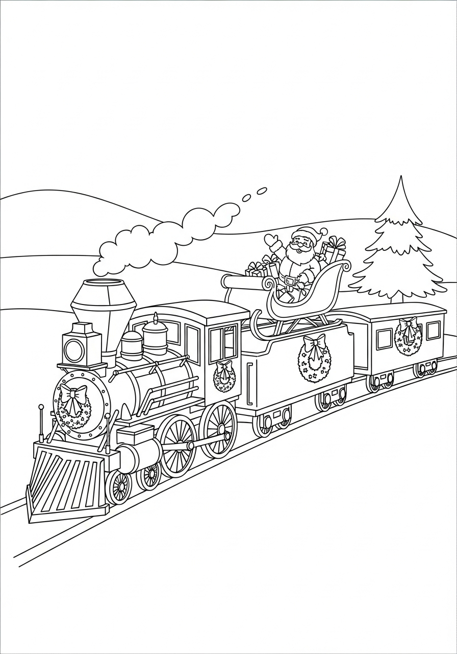 Christmas Train Coloring Pages 24 Train transporting Santa’s sleigh cargo coloring page
