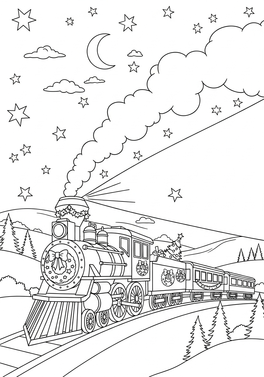 Christmas Train Coloring Pages 25 Train traveling under starry sky coloring page