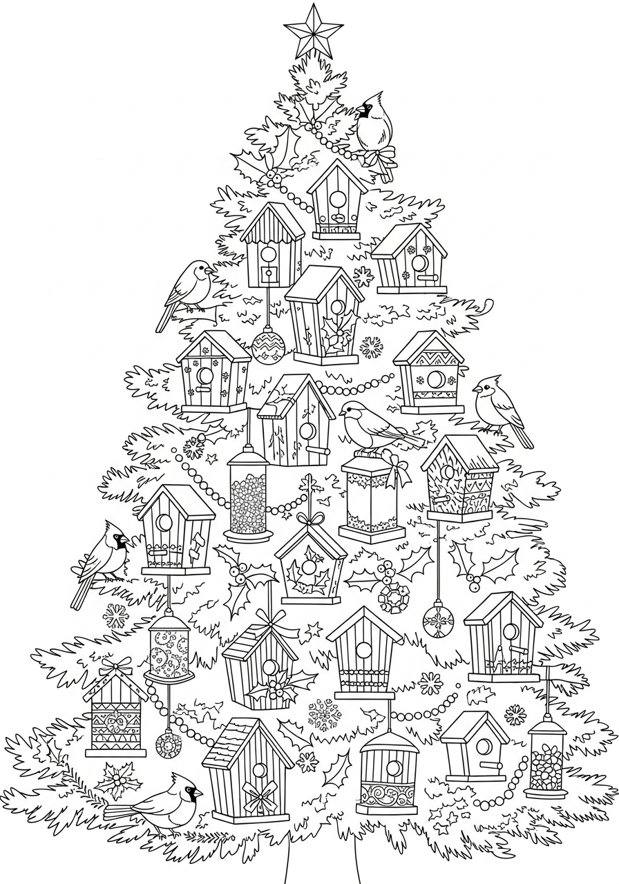 Christmas Tree Coloring Pages 24 Tree full of birdhouses and birds coloring page