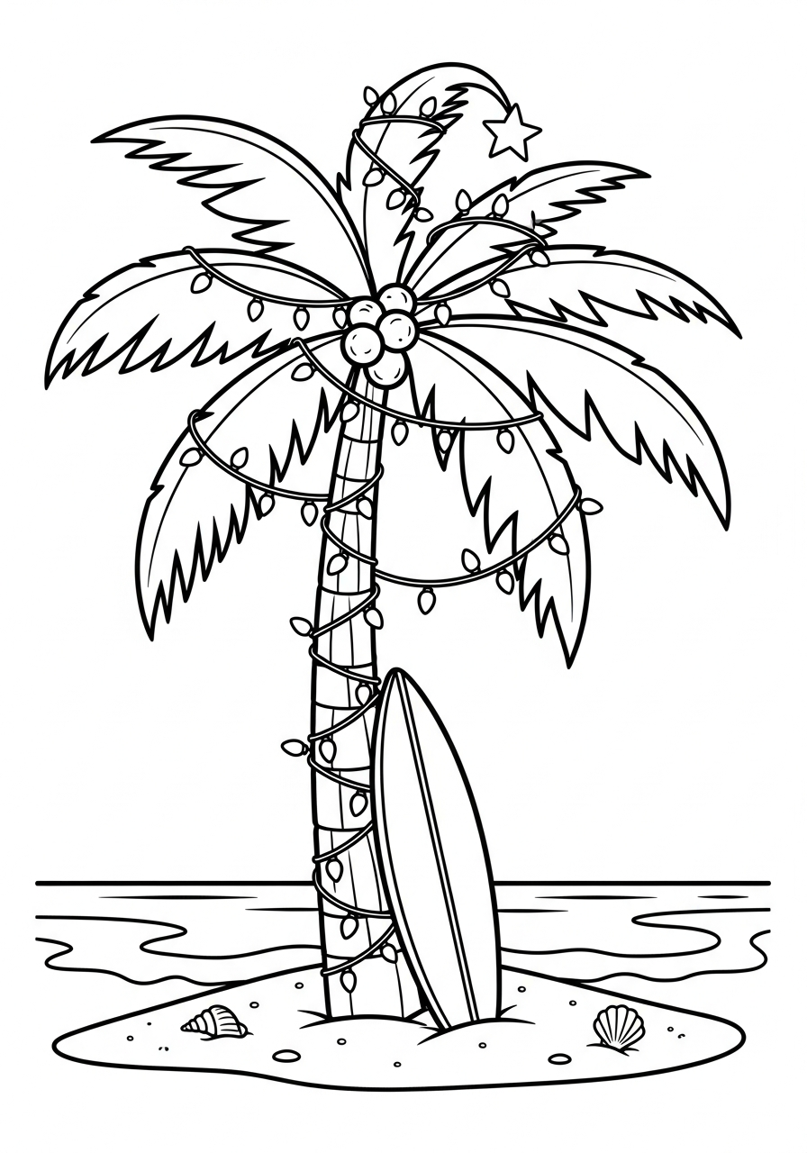 Christmas Tree Coloring Pages 25 Tropical palm tree with holiday lights coloring page