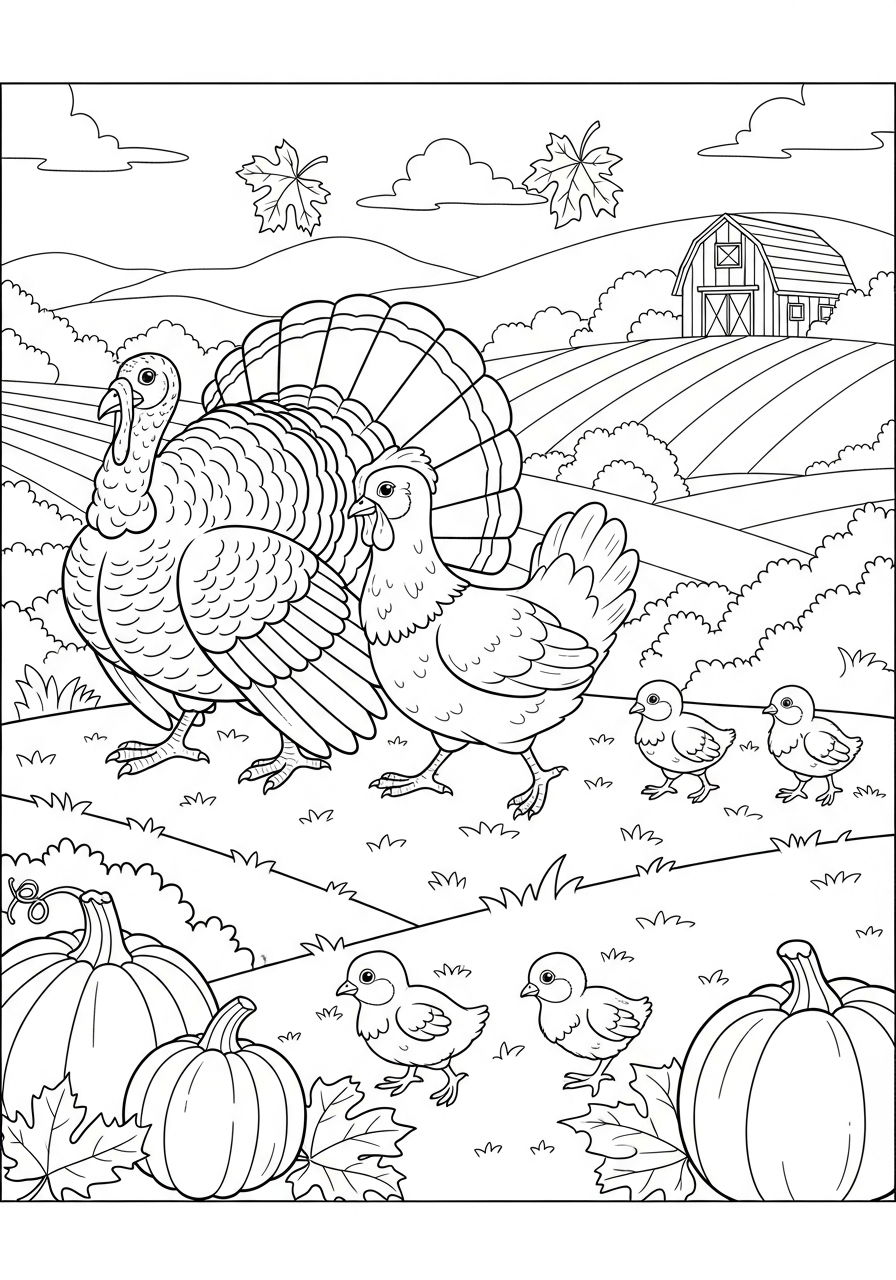 Thanksgiving Coloring Pages 26 Turkey family walking in a line coloring page