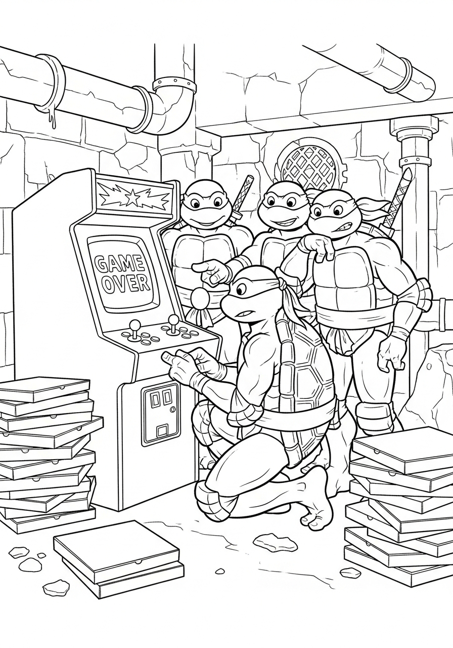 Ninja Turtle Coloring Pages 28 Turtles playing arcade games in lair coloring page