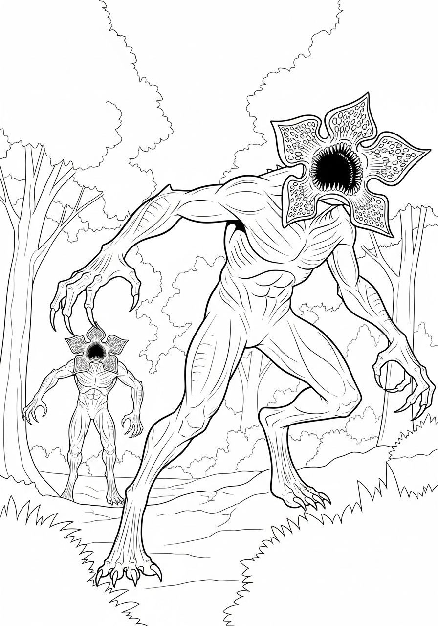 Two Demogorgon monsters hunting together coloring page