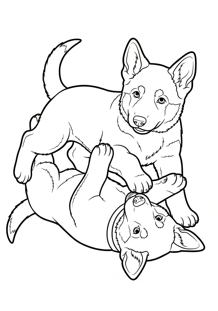 Two German Shepherd puppies tumbling coloring page