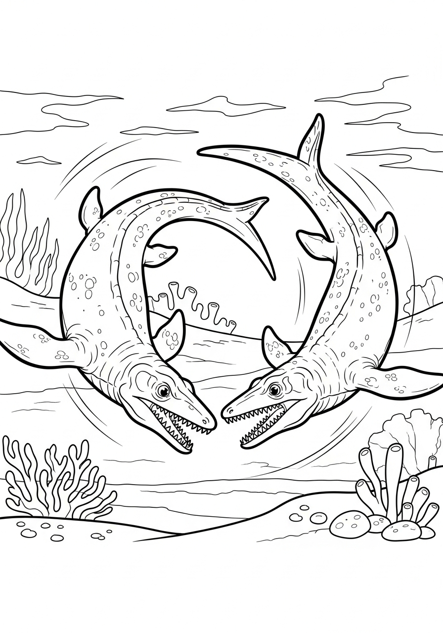 Two Mosasaurus rivals circling coloring page