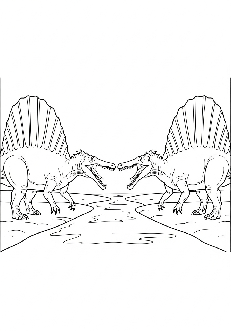 Two Spinosaurus in battle coloring page