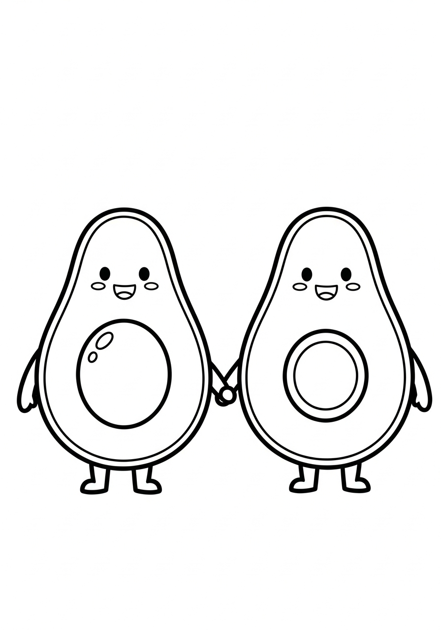 Two avocado halves holding hands coloring page
