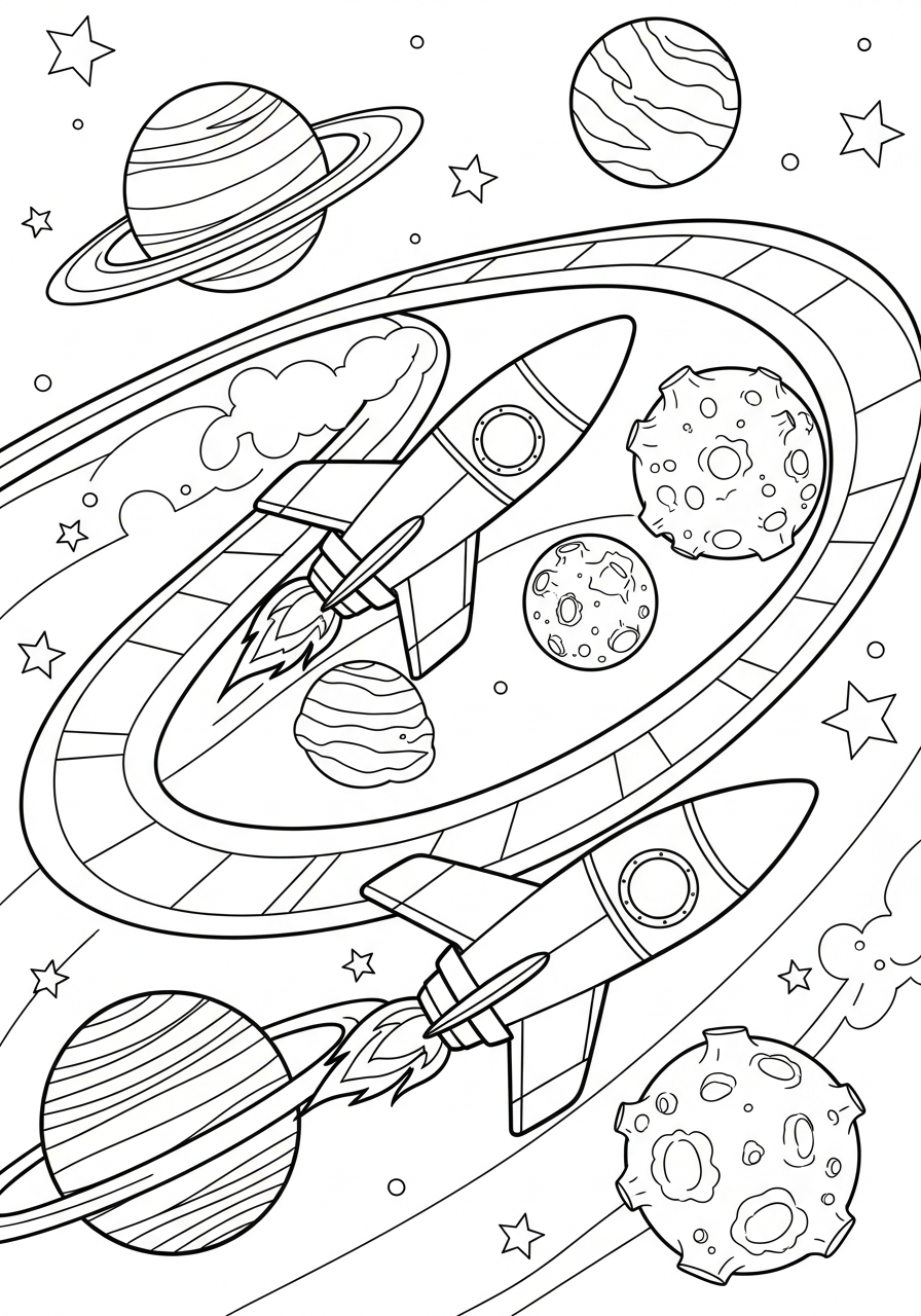 Rocket Ship Coloring Pages 28 Two rockets racing around planets coloring page