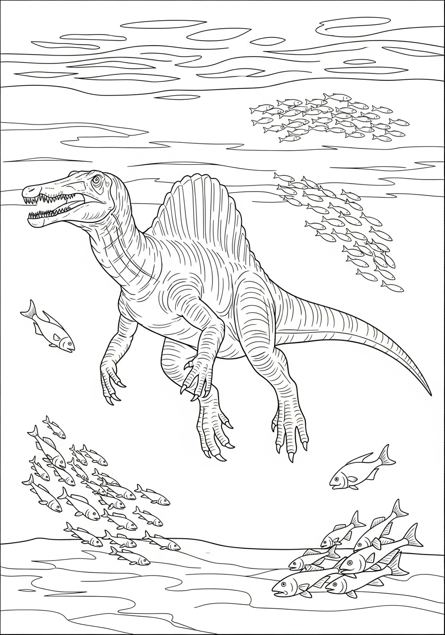 Underwater Spinosaurus swimming coloring page