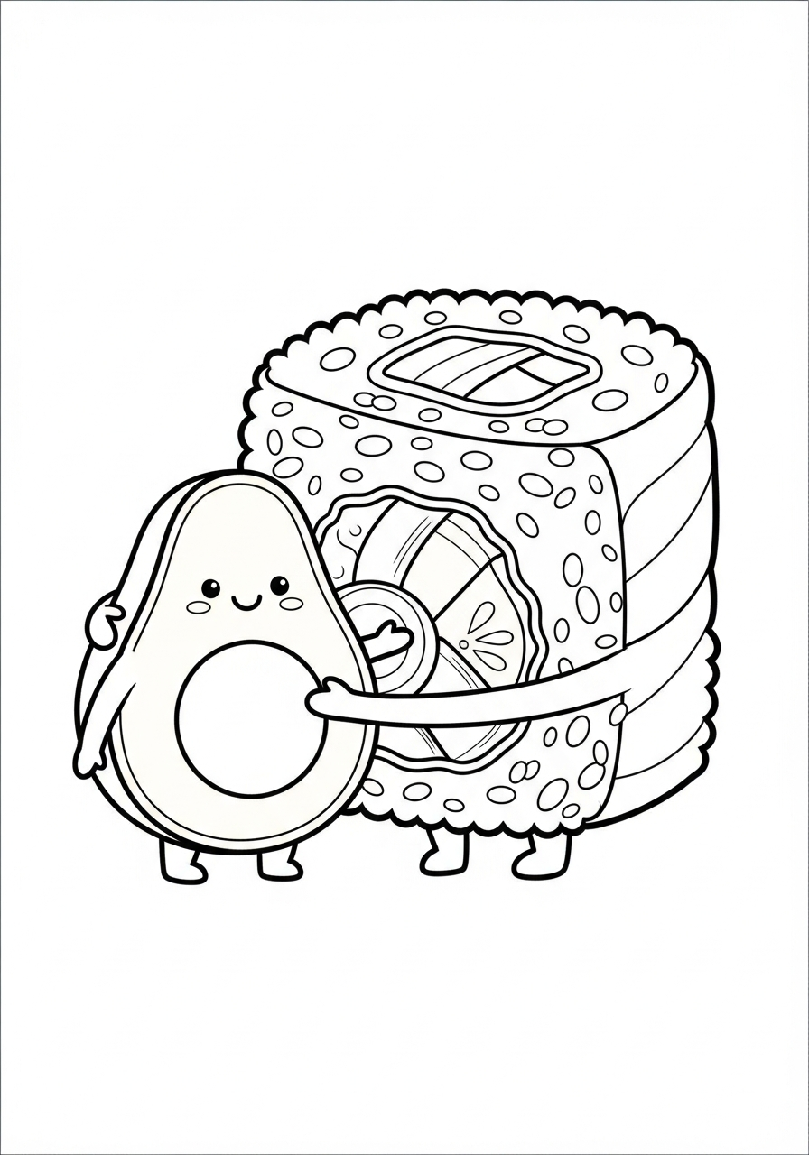 Uramaki roll hugging avocado friend coloring page