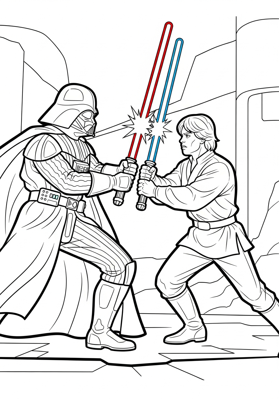 Vader duels Luke Skywalker lightsabers coloring page