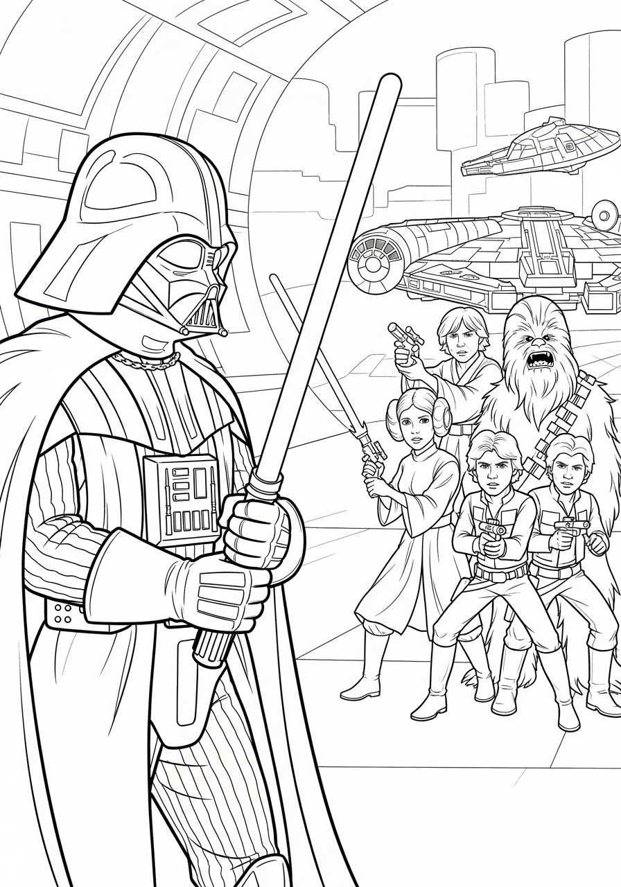 Vader facing down Rebel soldiers coloring page