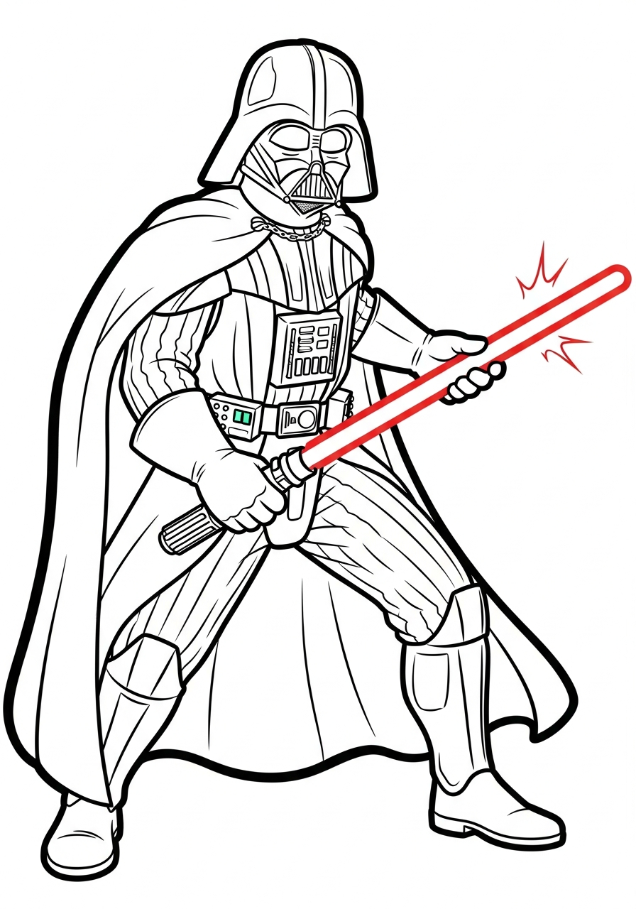 Vader holding ignited red lightsaber coloring page