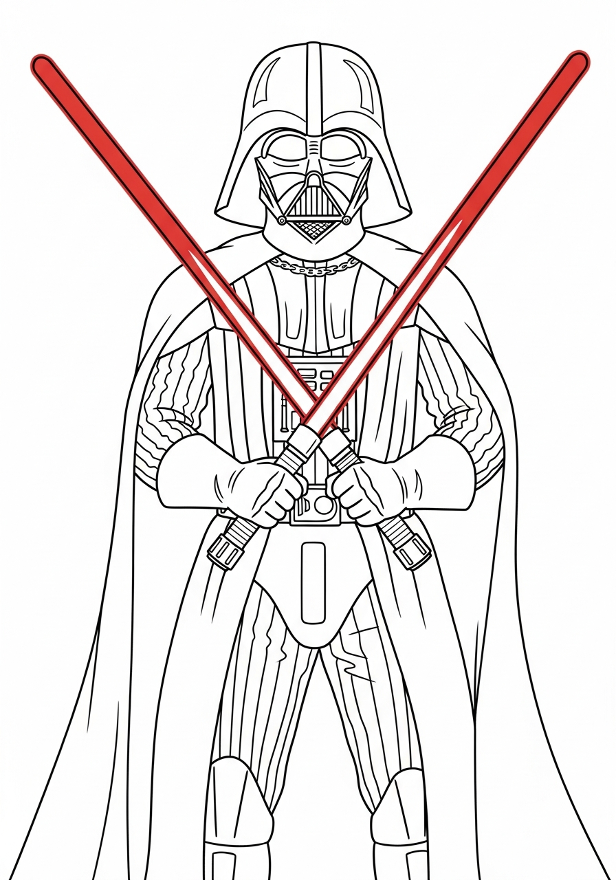 Vader holding two red lightsabers coloring page