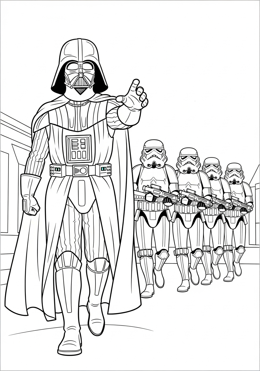Vader leads marching Stormtroopers coloring page