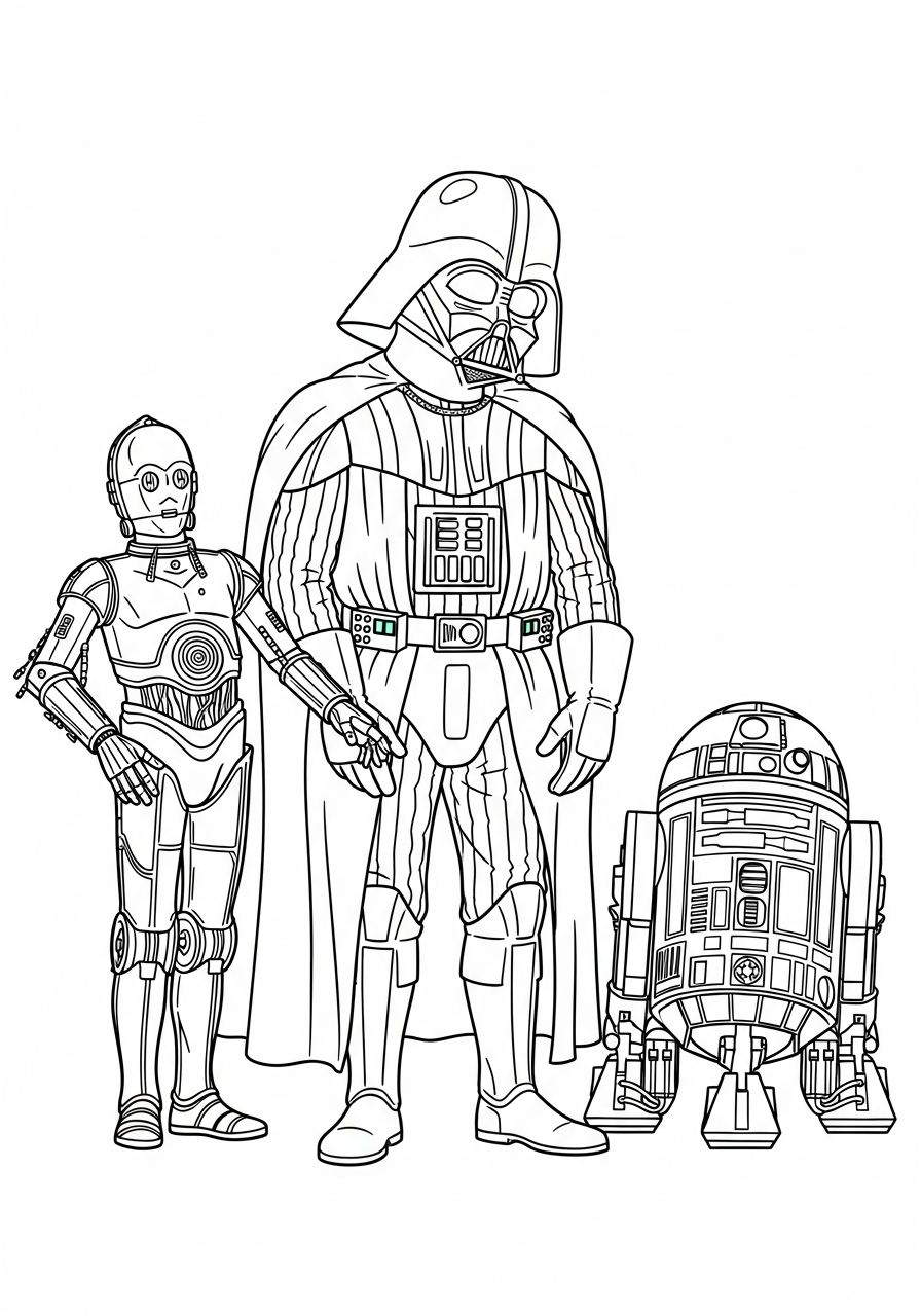 Vader looks annoyed at R2-D2 and C-3PO coloring page
