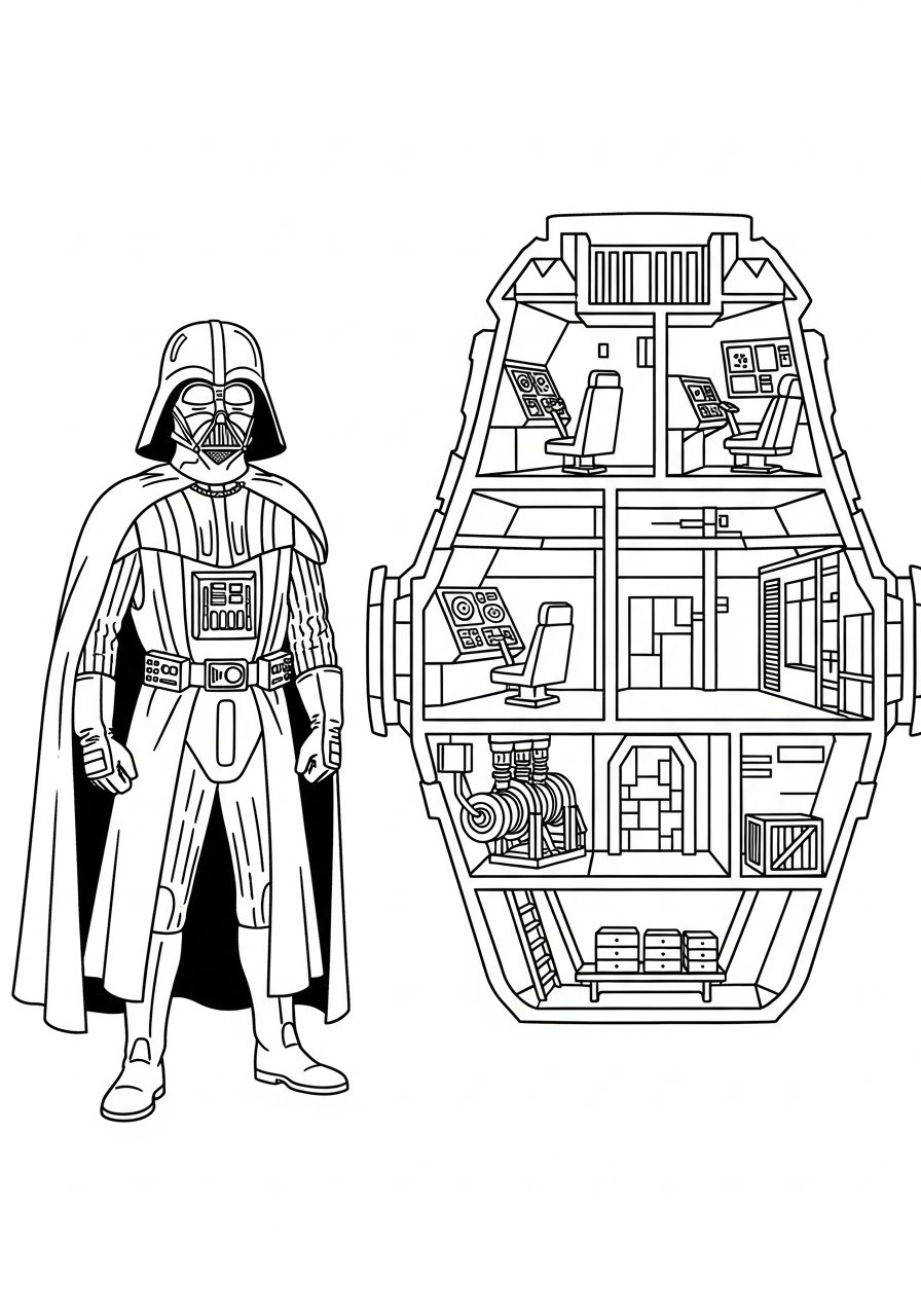 Vader next to spaceship cutaway diagram coloring page