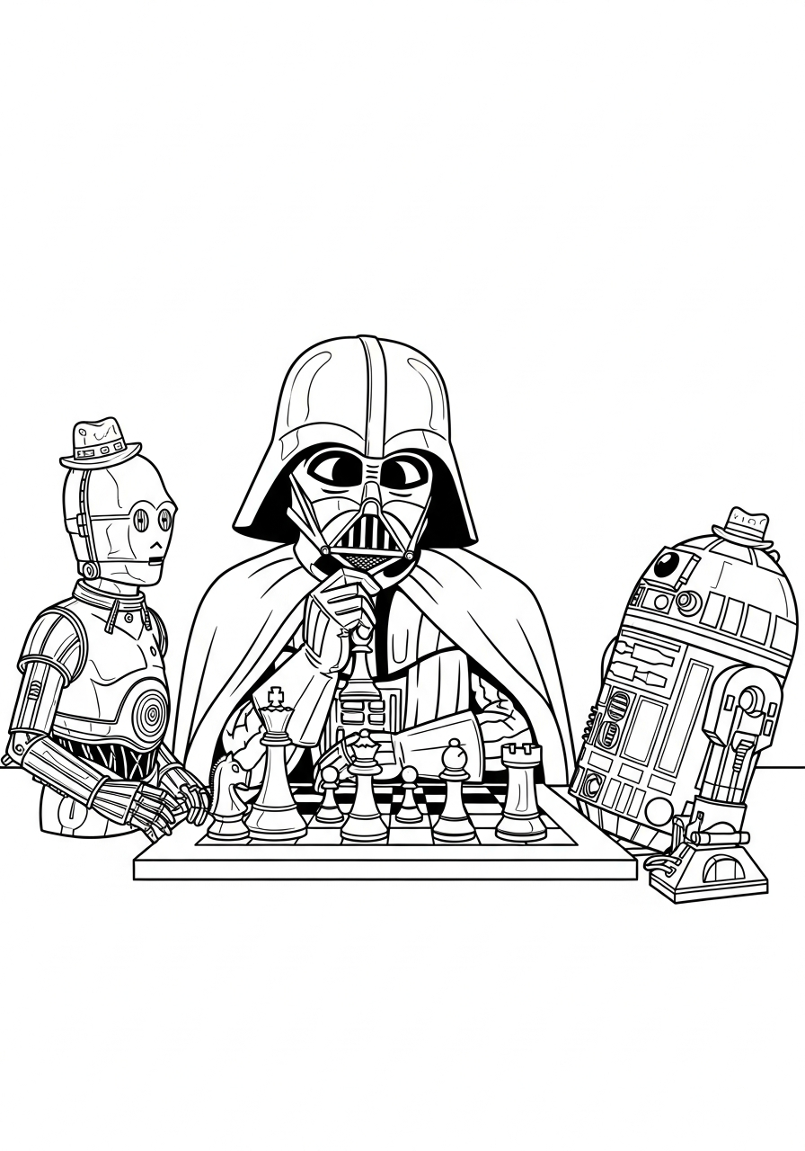 Vader plays chess against a droid coloring page