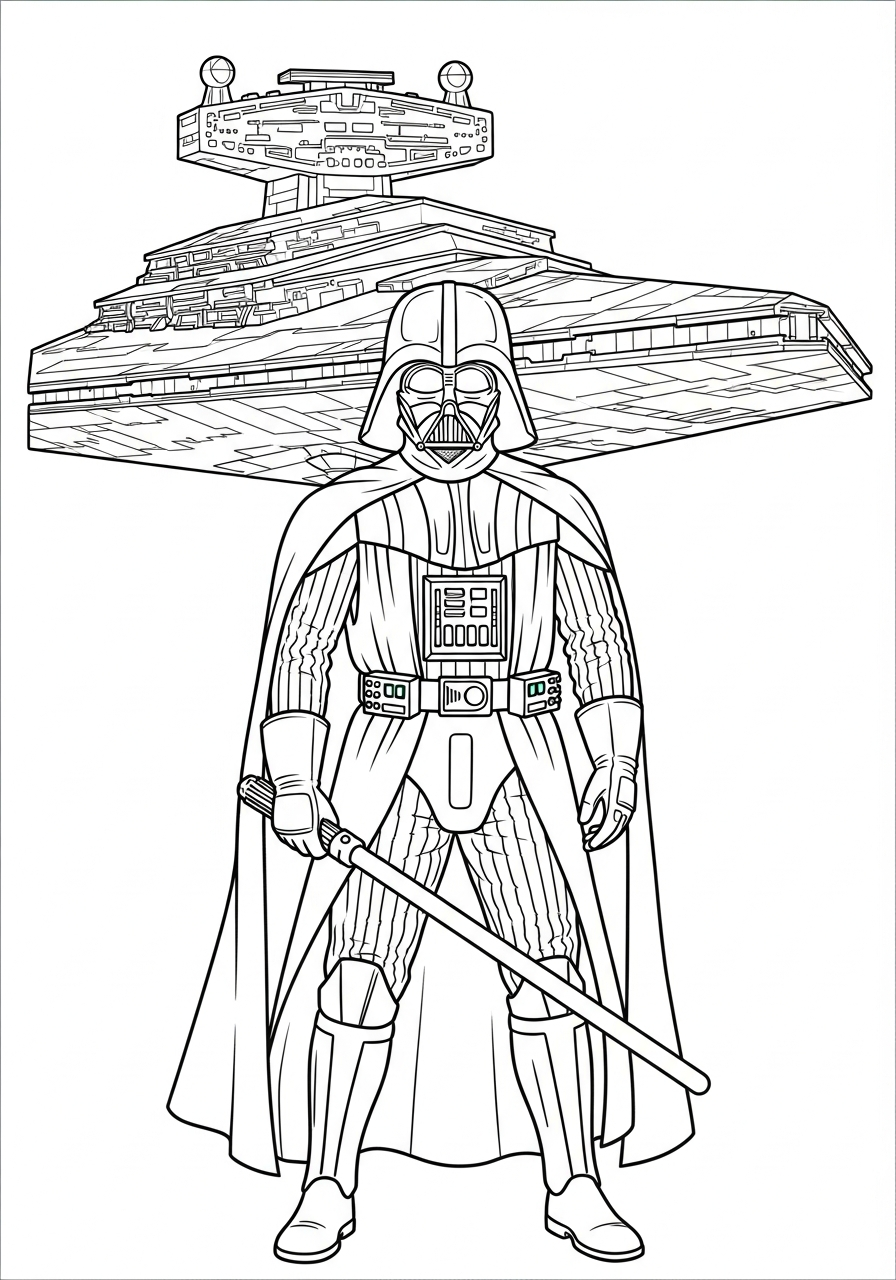 Vader stands before a Star Destroyer coloring page