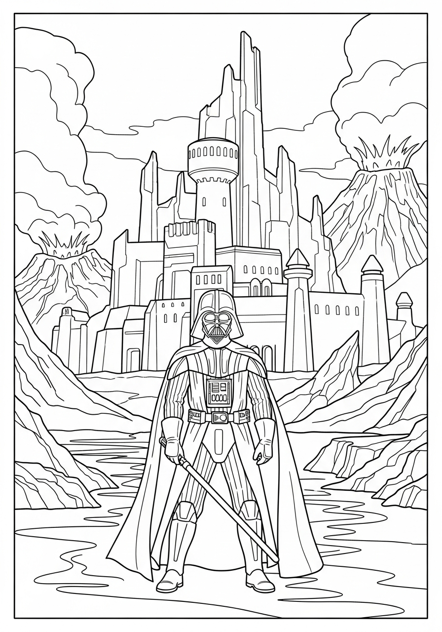 Vader stands before his Mustafar castle coloring page