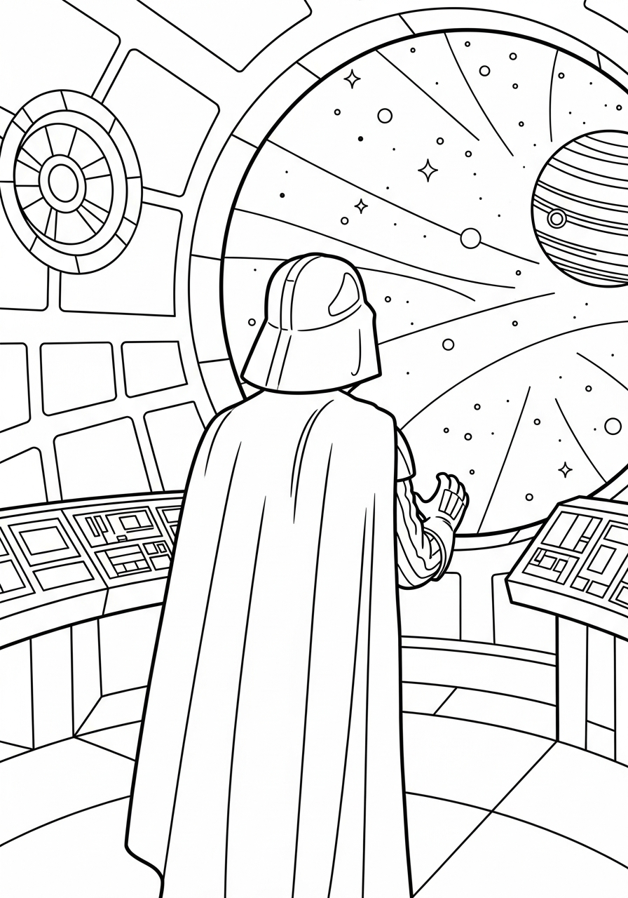 Vader stands on Death Star bridge coloring page