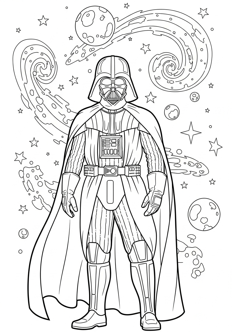 Vader’s figure against a starfield coloring page