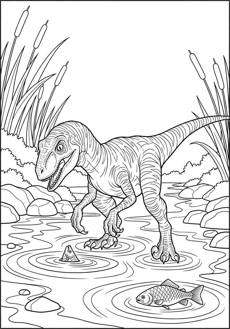 Velociraptor Coloring Pages 19 Velociraptor catching fish in river coloring page