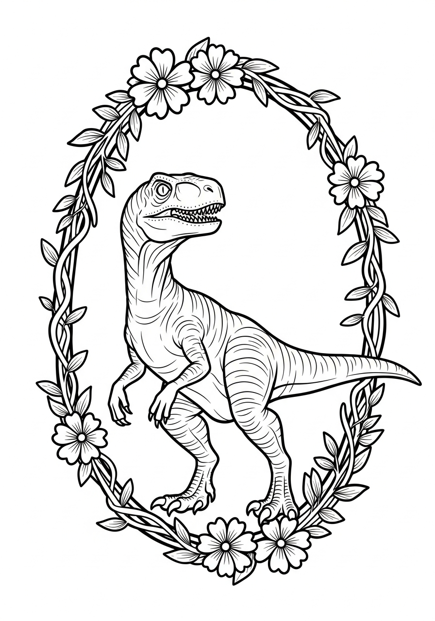 Velociraptor Coloring Pages 20 Velociraptor portrait inside floral frame coloring page