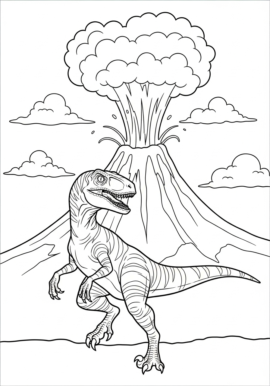 Velociraptor Coloring Pages 24 Velociraptor with erupting volcano background coloring page