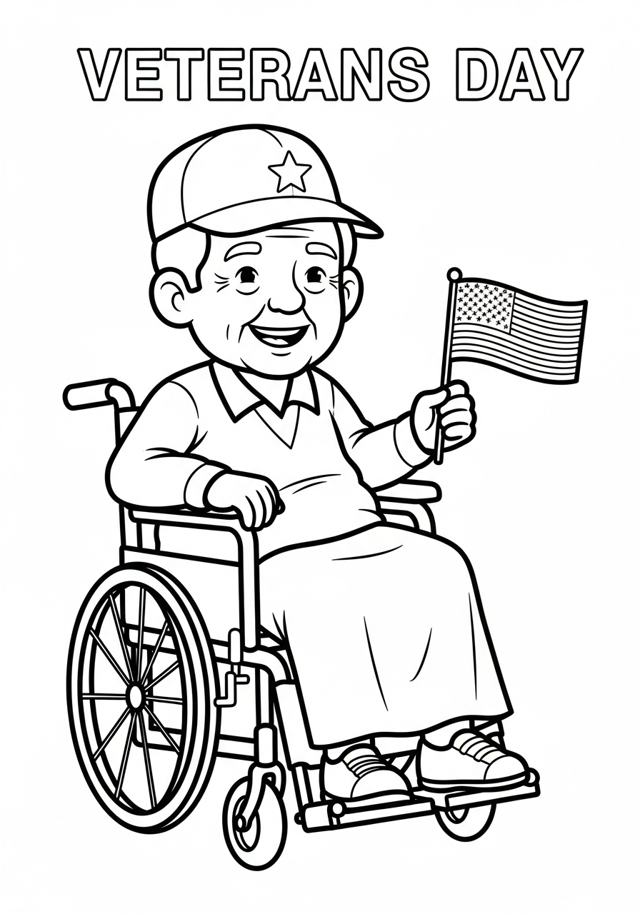 Veterans Day Coloring Pages 26 Veteran in wheelchair with flag coloring page