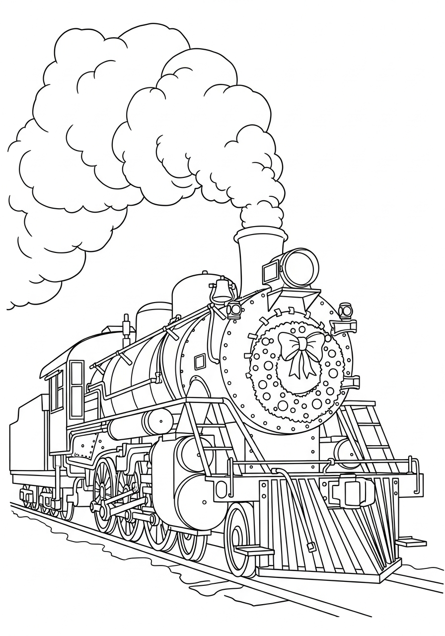 Christmas Train Coloring Pages 27 Vintage steam engine with wreath coloring page