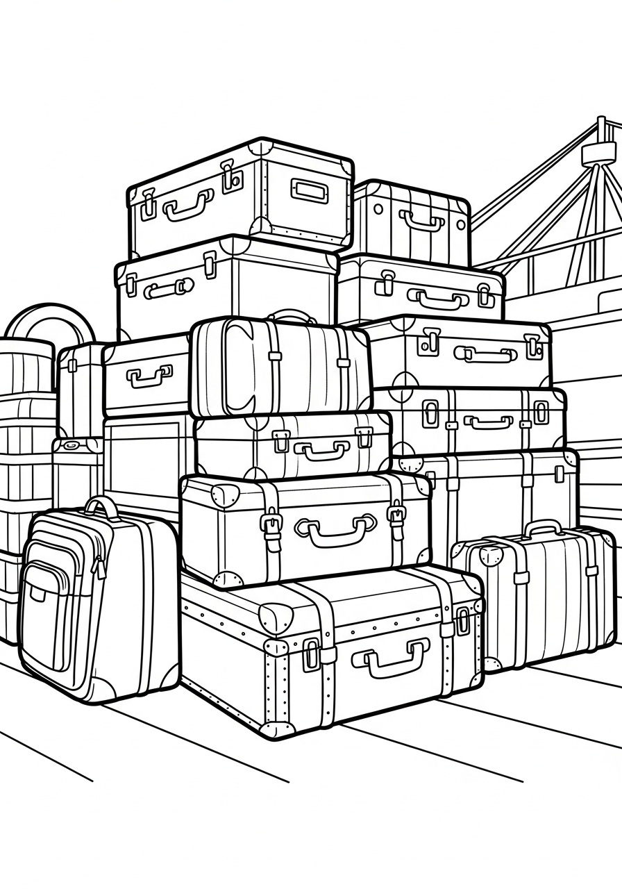 Vintage travel suitcases and trunks coloring page